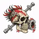 Skull with a red long mohawk falling under de jaw to one side, and 2 car pistons on the background crossed like an X  tattoo design idea