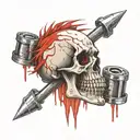 Skull with a red long mohawk falling under de jaw to one side, and 2 car pistons on the background crossed like an X  tattoo design idea