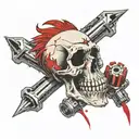 Skull with a red long mohawk falling under de jaw to one side, and 2 car pistons on the background crossed like an X  tattoo design idea