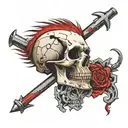 Skull with a red long mohawk falling under de jaw to one side, and 2 car pistons on the background crossed like an X  tattoo design idea