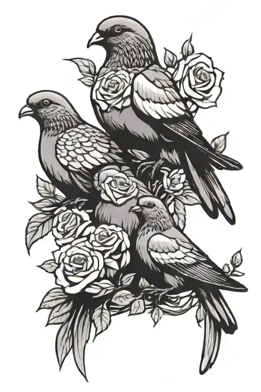 a family of 3 pigeons and roses tattoo design idea