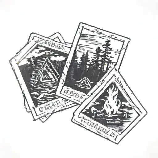 2 polaroids photos, one with campfire, one with cabin tattoo design idea