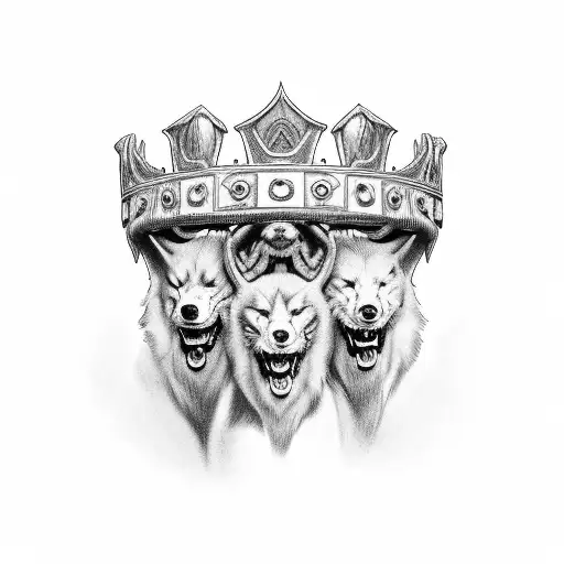 Cerberus 3 heads only no body. the front facing head has a kings crown tattoo design idea