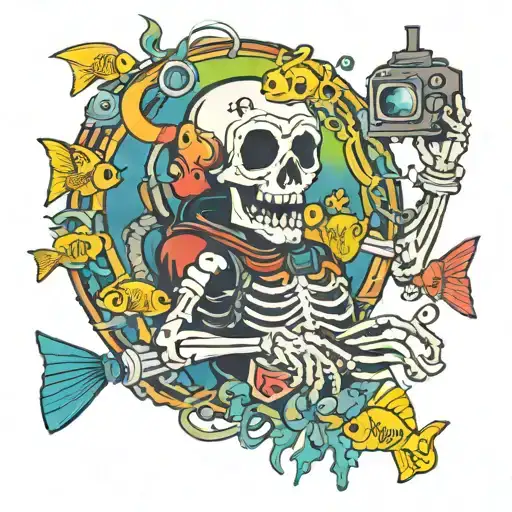 Skeleton scuba diving with regulator in mouth flashing the OK sign with colorful fish swimming around    tattoo design idea