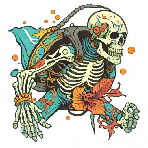 Skeleton scuba diving flashing the OK sign with colorful fish swimming around    tattoo design idea