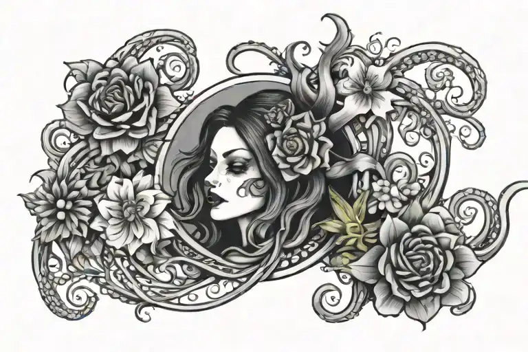 symmetrical tentacles, flowers, spooky goth emo girl themed tattoo design idea