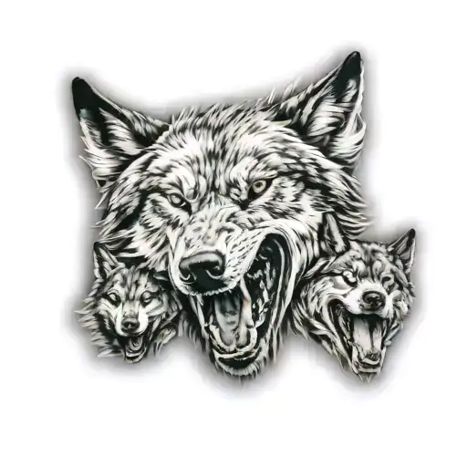wolf sleeve with wolf face and wolves fighting   tattoo design idea