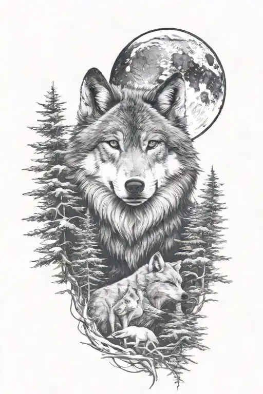 full sleeve black and white tattoo. wolf with mountains, evergreens and moon on the upper arm and wolves fighting  tattoo design idea