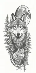 full sleeve black and white tattoo. wolf with mountains, evergreens and moon on the upper arm  tattoo design idea