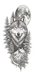 full sleeve black and white tattoo. wolf with mountains, evergreens and moon on the upper arm  tattoo design idea