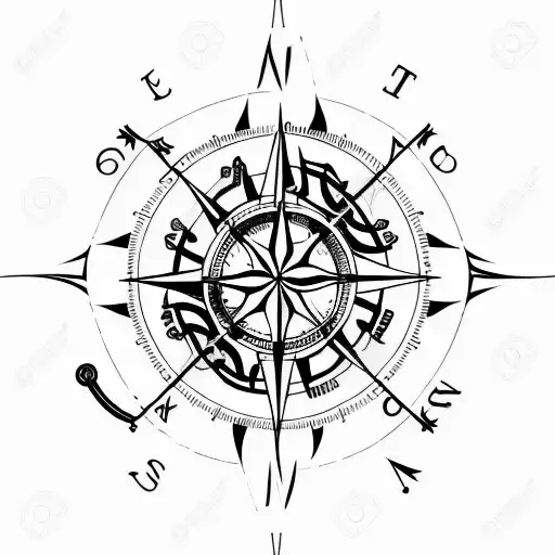 nautical compass with direction long line. Celtic knot.  thin black line.  cactus tattoo design idea