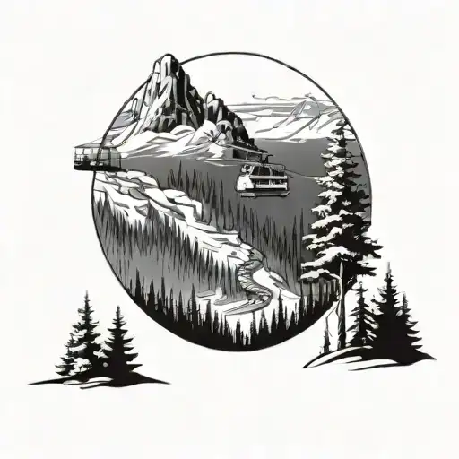 alpine mountain with trees and a gondola going across them tattoo design idea