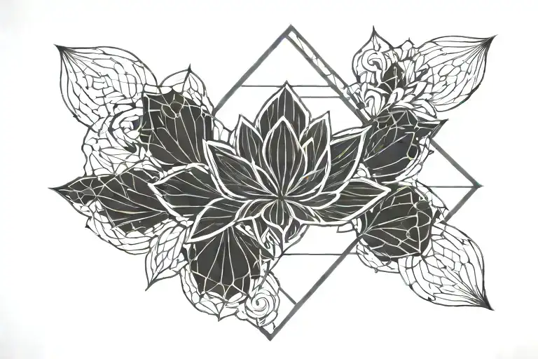 A geometric blackwork tattoo featuring a stylized lotus flower within diamond-shaped patterns and intricate linework. tattoo design idea
