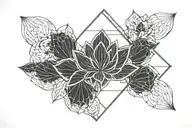 A geometric blackwork tattoo featuring a stylized lotus flower within diamond-shaped patterns and intricate linework. tattoo design idea