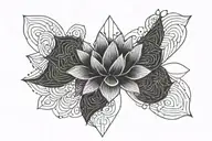 A geometric blackwork tattoo featuring a stylized lotus flower within diamond-shaped patterns and intricate linework. tattoo design idea