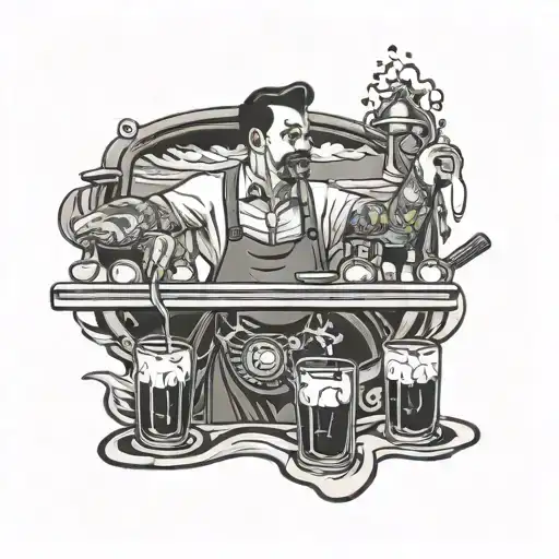 A neo traditional tattoo of a bartender mixing drinks with a background of crashing waves tattoo design idea