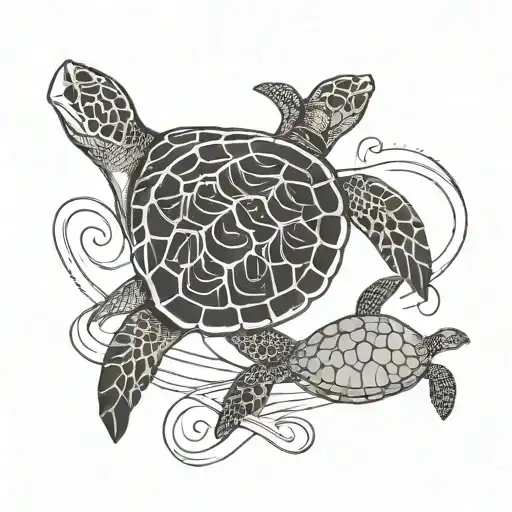 the black and white outline of two sea turtles and an infinity sign, very minimalistic and tattoo like tattoo design idea