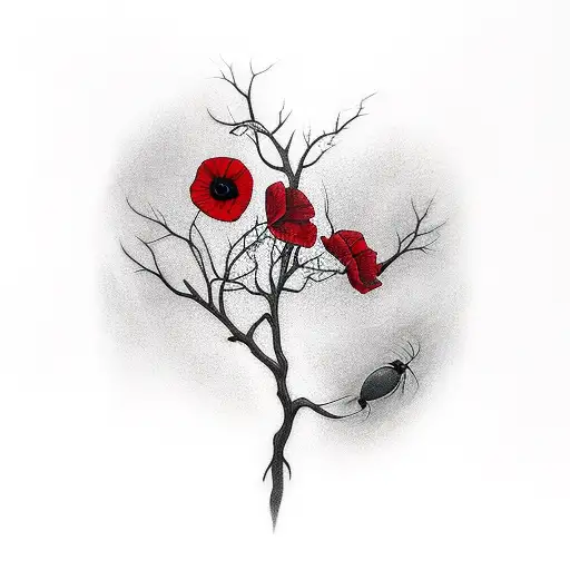 hanging black ivy vine with one red poppy flower tattoo design idea