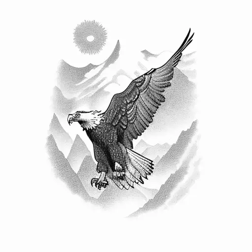 a mountain with a eagles soaring and a river leading to flowers  tattoo design idea