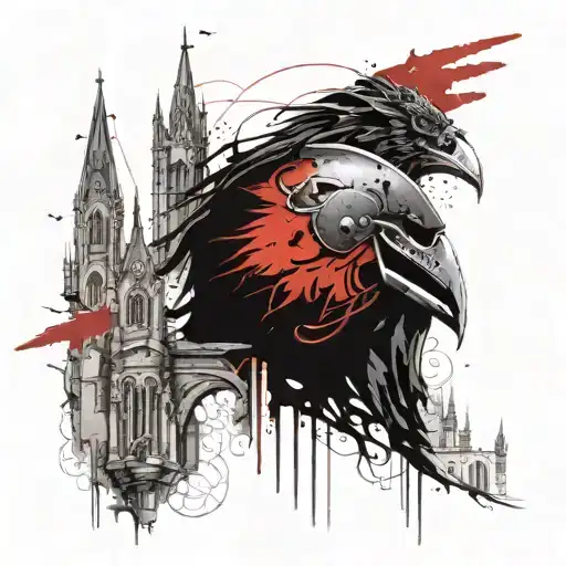 knight helmet in profile, 3 towers of different heights below it. 5 ravens flying in front of the towers. filigree to td tattoo design idea
