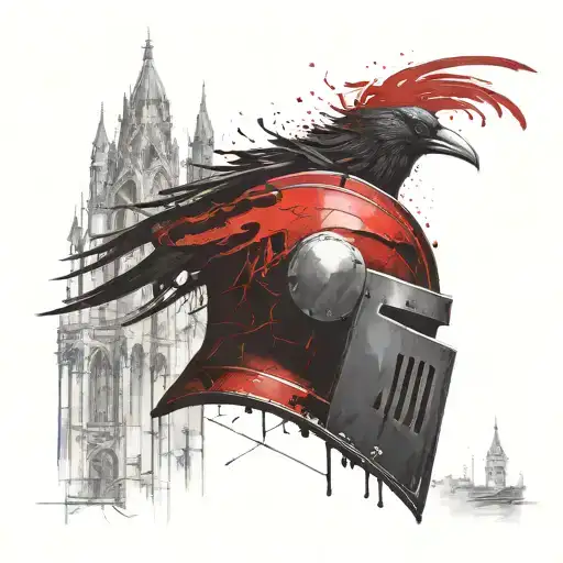 knight helmet in profile, 3 towers of different heights below it. 5 ravens flying in front of the towers. filigree to td tattoo design idea