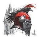 knight helmet in profile, 3 towers of different heights below it. 5 ravens flying in front of the towers. filigree to td tattoo design idea
