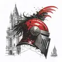 knight helmet in profile, 3 towers of different heights below it. 5 ravens flying in front of the towers. filigree to td tattoo design idea