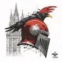 knight helmet in profile, 3 towers of different heights below it. 5 ravens flying in front of the towers. filigree to td tattoo design idea
