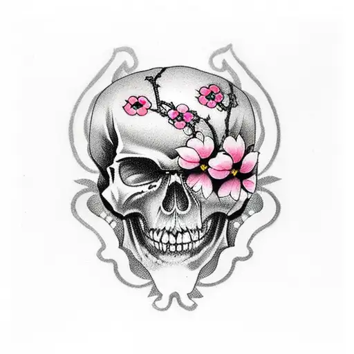 Iron Skull and five cherry blossom tattoo design idea