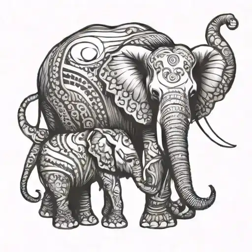 elephant family holding the tail tattoo design idea
