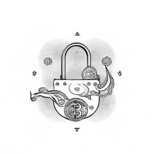 Money bag with Virgo and Cancer zodiac symbols as lock and key tattoo design idea