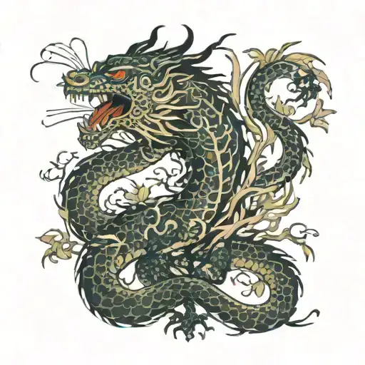 dragon, tree, abstract jaguar tattoo design idea