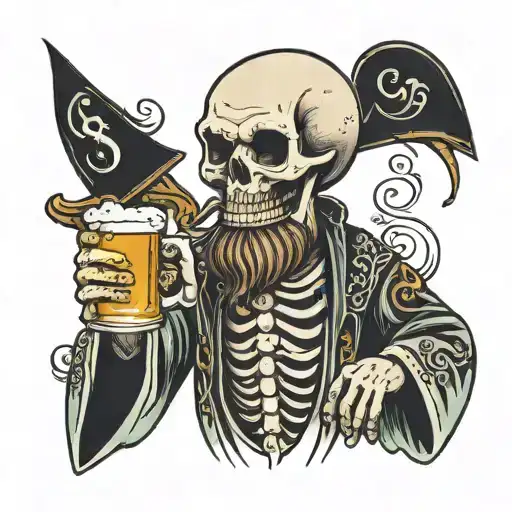 a living skeleton with a beard and mustache in a bathrobe with a beer in his hands tattoo design idea