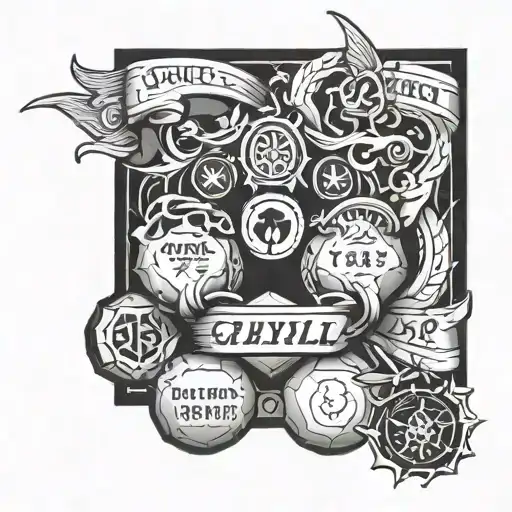 A tattoo of a philosophical quote intertwined with elements of combat sports, incorporating gaming symbols subtly in the design tattoo design idea