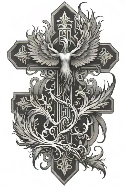 phoenix rising from the ashes religious cross tattoo design idea