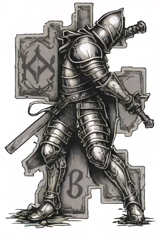 knight kneeling before the cross with a written text that says He Who is in you is greater than he who is in the world  tattoo design idea