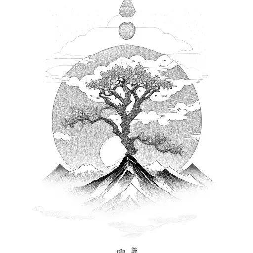 Tree of life with Mountain and Japanese Clouds tattoo design idea