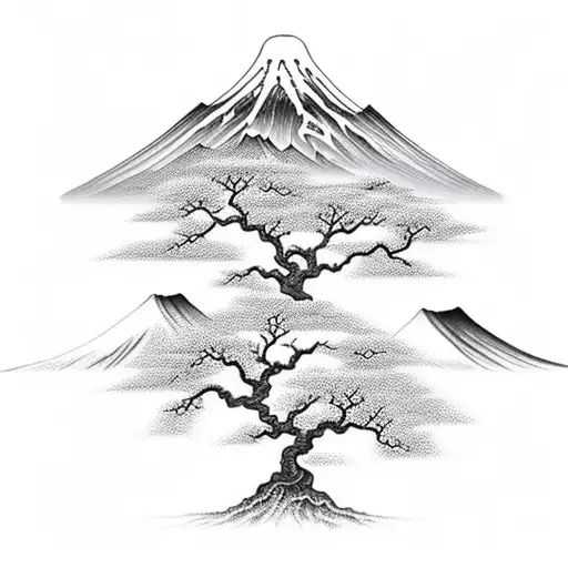 Tree of life with Mountain and Japanese Clouds tattoo design idea