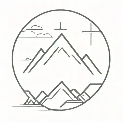 A minimalist design of a sunrise over a mountain peak with a small cross in the sky, symbolizing new beginnings and faith tattoo design idea