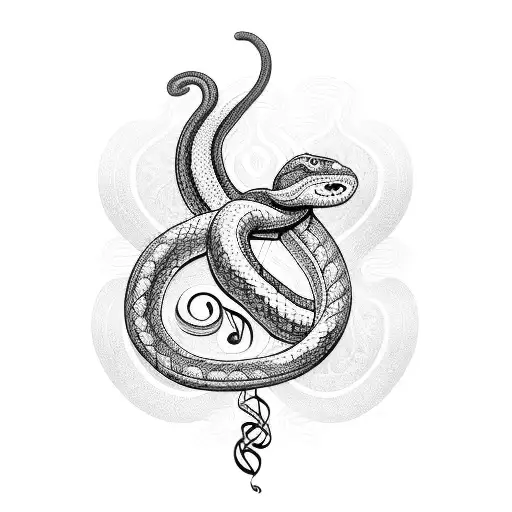 A blackwork tattoo of a snake intertwined with musical notes and a gaming controller tattoo design idea
