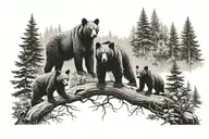 2 parent black bears with 3 cubs in the forest tattoo design idea