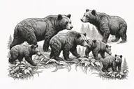 2 parent black bears with 3 cubs in the forest tattoo design idea