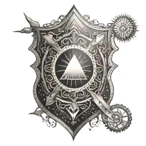 Shield with the sun and praying hands on it tattoo design idea