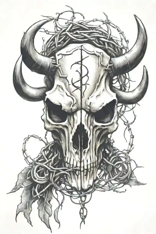 bull skull with barbed wire wrapped tightly around horns  tattoo design idea