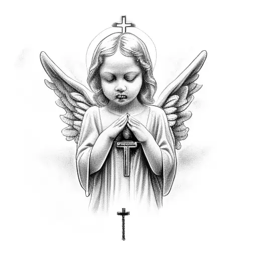 Black and Grey "Angel. Praying With Rosary Over Hands." Tattoo Idea - BlackInk AI
