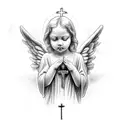 angel. praying with rosary over hands. tattoo design idea