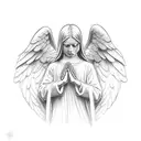 angel. praying with rosary over hands. tattoo design idea