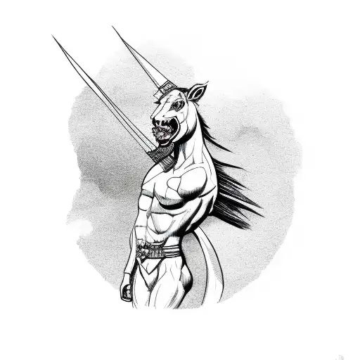 hybrid horse man creature shooting a bow and arrow towards a small gemstone tattoo design idea