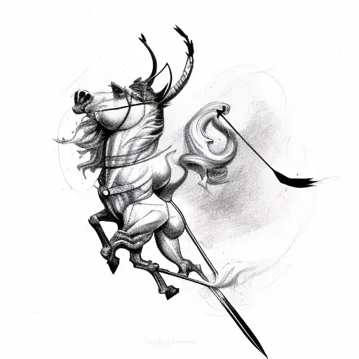 hybrid horse man creature shooting a bow and arrow aiming high at a small gemstone tattoo design idea