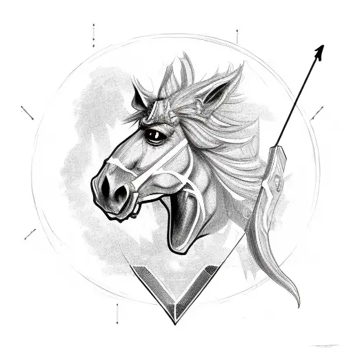 hybrid horse man creature shooting a bow and arrow with an arrowhead aiming high at a small gemstone tattoo design idea